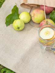 Summer in a rustic garden concept - fresh small apples in a paper bag on a linen napkin and a glass of drink with sliced apples