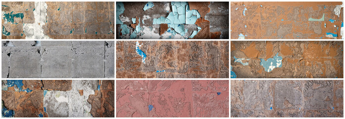 Set of rough wall textures with pieces of glue and stucco in place of old tile. Collection of...