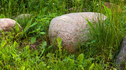 Elements of landscape design - medium boulders in the grass on a plot close-up