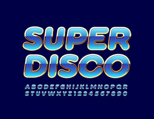 Vector bright Emblem Super Disco.  3D Chic Font. Golden and Blue Alphabet Letters and Numbers