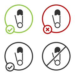 Black Classic closed steel safety pin icon isolated on white background. Circle button. Vector Illustration.