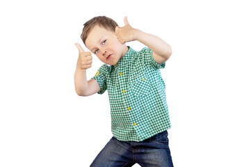 Cheerful boy in a green shirt showing a thumb up on a white background. Isolated