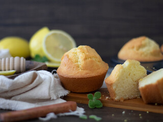 Lemon Muffins on Black Table with Copy Space. Lemon Cup Cakes Rustic Shot. Lemon Muffins Flatlay.