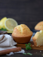 Lemon Muffins on Black Table with Copy Space. Lemon Cup Cakes Rustic Shot. Lemon Muffins Flatlay.