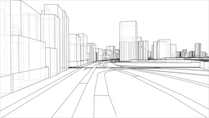 Sketch of 3D city with buildings and roads