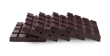 Delicious dark chocolate bars isolated on white