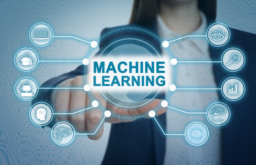 Woman touching icon on virtual screen, closeup. Machine learning concept