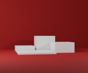 Mockup podium for product presentation, winner podium,  white box podium stage with red background, 3d render, 3d illustration