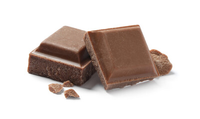 Pieces of delicious milk chocolate isolated on white