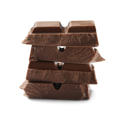 Pieces of delicious milk chocolate isolated on white