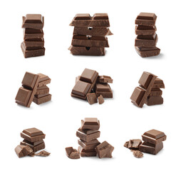 Set with pieces of milk chocolate on white background