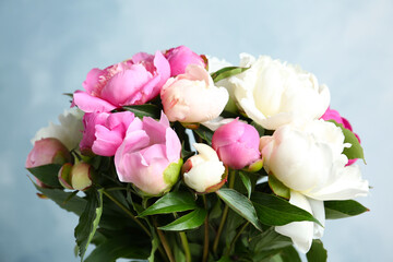 Bouquet of beautiful peonies on light blue background, closeup
