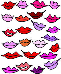 Fototapeta na wymiar A set of lips and kisses of a different variety. Vector illustration.