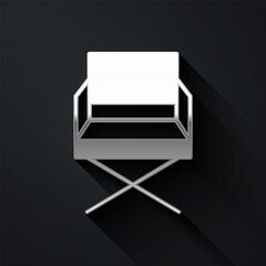 Silver Director movie chair icon isolated on black background. Film industry. Long shadow style. Vector Illustration.