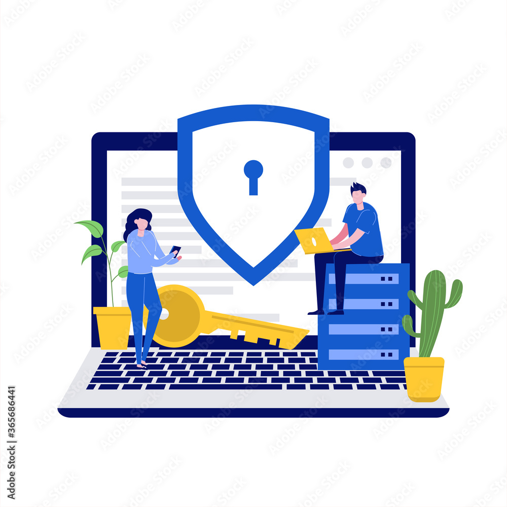 Poster cyber security vector illustration concept with characters. data security, protected access control,