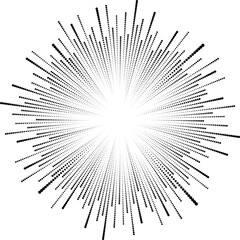 Obraz premium Black radial halftone dotted speed lines. Round form. Explosion background. Star rays. Sunburst. Fireworks. Handwritten design element for frames, prints, tattoo, web, template, logo, and comic books