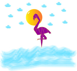 A bird in sea with sun and clouds. Design for Frame, T-shirt , invitation cards, wedding, greeting cards, printing, clothes, bags, posters, leaflets etc.