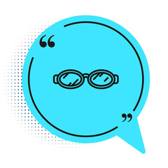 Black line Glasses for swimming icon isolated on white background. Goggles sign. Diving underwater equipment. Blue speech bubble symbol. Vector Illustration.