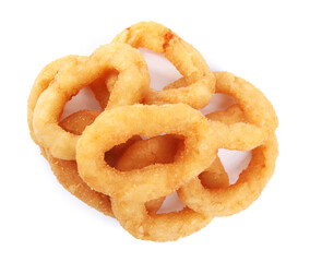 Delicious onion rings isolated on white, top view