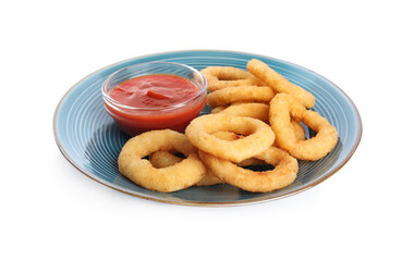 Delicious golden onion rings with ketchup isolated on white