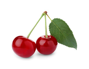 Sweet red cherries with leaf isolated on white