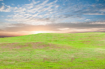 sunset over green field