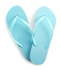 Light blue flip flops isolated on white, top view. Beach accessory
