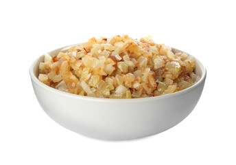 Tasty fried onion in bowl isolated on white