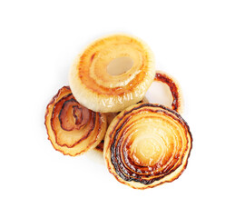 Pile of tasty fried onion isolated on white, top view