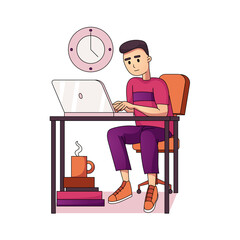 man is sitting at the table and working at his laptop. Business concept, home office. busy young freelancer programmer at desktop. stock vector illustration isolated on white