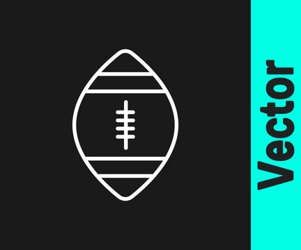 White line American Football ball icon isolated on black background. Rugby ball icon. Team sport game symbol. Vector Illustration.