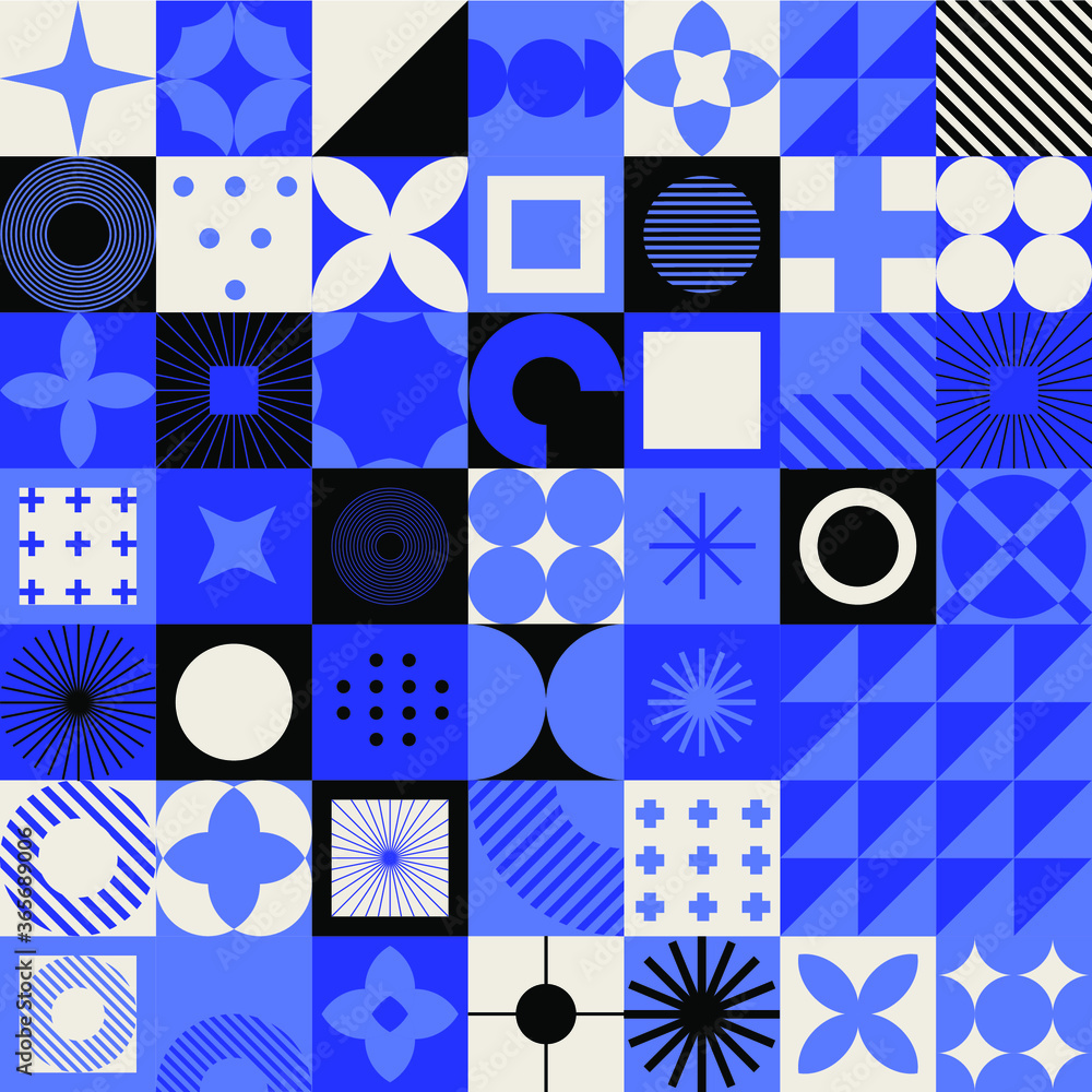 Poster Modern geometric seamless pattern with bold simple shapes in Bauhaus and Neo-memphis retrofuturistic style. Trendy vivid fashion print with minimal composition.