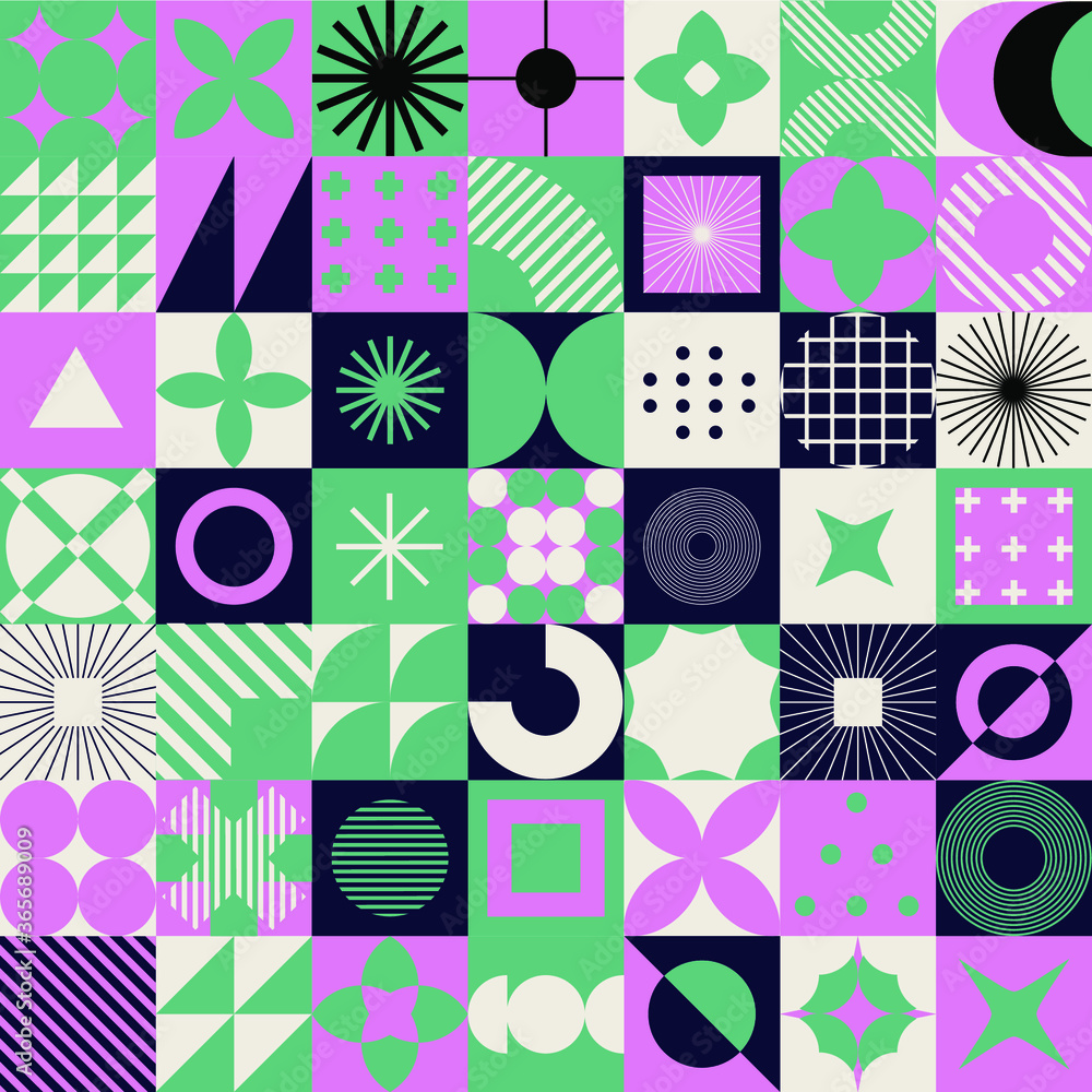 Poster Modern geometric seamless pattern with bold simple shapes in Bauhaus and Neo-memphis retrofuturistic style. Trendy vivid fashion print with minimal composition.
