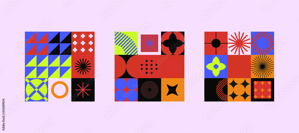 Poster Modern geometric seamless pattern with bold simple shapes in Bauhaus and Neo-memphis retrofuturistic style. Trendy vivid fashion print with minimal composition.
