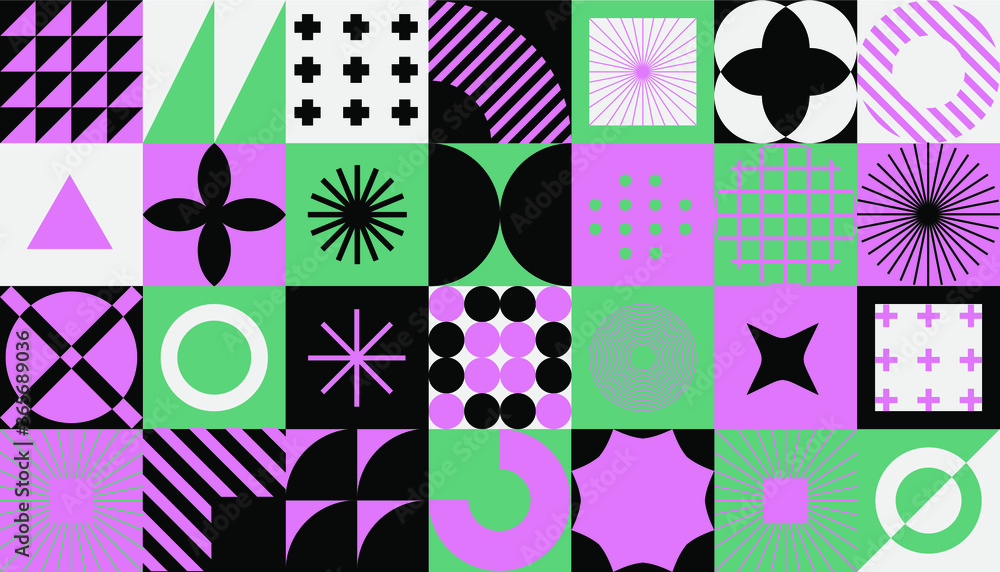 Poster Modern geometric seamless pattern with bold simple shapes in Bauhaus and Neo-memphis retrofuturistic style. Trendy vivid fashion print with minimal composition.