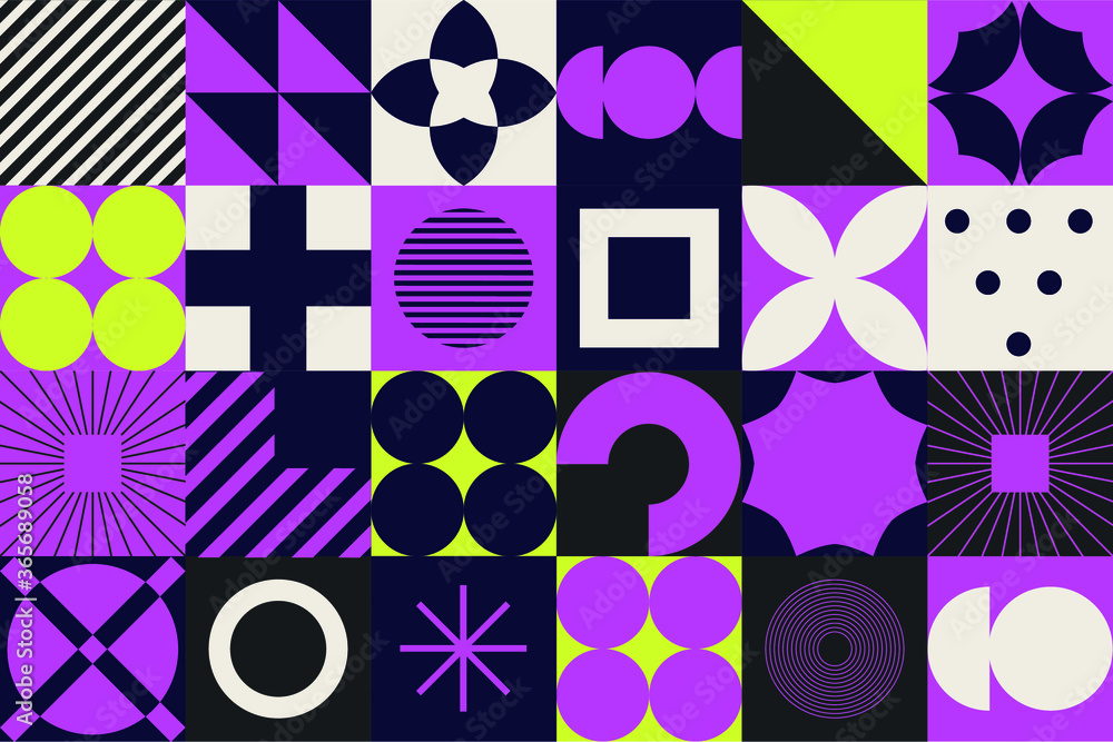 Poster Modern geometric seamless pattern with bold simple shapes in Bauhaus and Neo-memphis retrofuturistic style. Trendy vivid fashion print with minimal composition.
