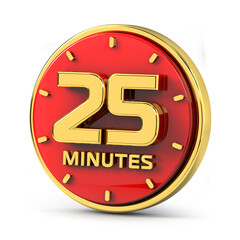 Golden 25 minutes on red background. 25 min gold. 3d illustration.