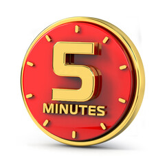 Golden 5 minutes on red background. 5 min gold. 3d illustration.