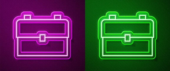 Glowing neon line School backpack icon isolated on purple and green background. Vector Illustration.
