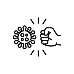 Punching hands to fight coronavirus icon. Fist kicking, fist kick by bacteria for protect virus, Conquer infection disease with hand fist attack. line Vector illustration design,white background EPS10