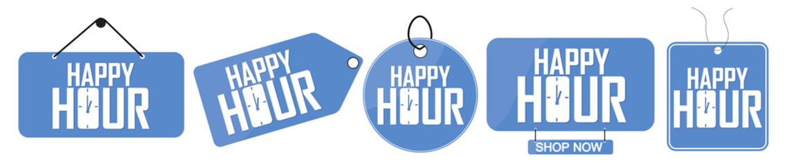 Set Happy Hour banners design template, sale tags, vector illustration