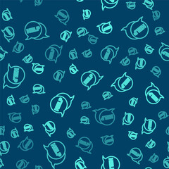 Green line Speech bubble with text Help icon isolated seamless pattern on blue background. Vector Illustration.