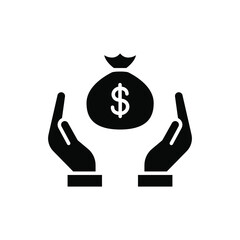 save money icon, salary money in bag. Two hand holding dollar. pay investment and deposit. Money Charity. Cost and revenue. Silhoutte solid Vector illustration Design on white background. EPS10