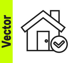 Black line House with check mark icon isolated on white background. Real estate agency or cottage town elite class. Vector Illustration.