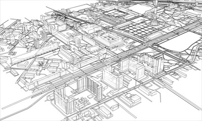 Outline city concept. Wire-frame style