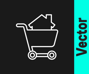 White line Shopping cart with house icon isolated on black background. Buy house concept. Home loan concept, rent, buying a property. Vector Illustration.