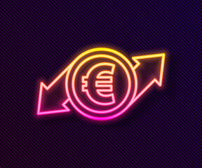 Glowing neon line Financial growth and euro coin icon isolated on black background. Increasing revenue. Vector Illustration.