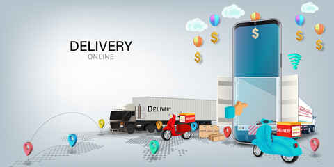 Logistics Online delivery service, online order tracking,Delivery home and office. City logistics. Warehouse, truck, forklift, courier. vector illustration.