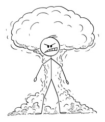 Vector cartoon stick figure drawing conceptual illustration of furious, angry raging man expressing his emotion with atomic or nuclear explosion on background.