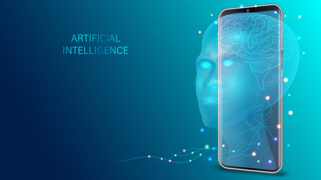 Artificial Intelligence Provide Access To Information And Data In Online Networks Smartphone. AI In The Form Of Face Cyborg Coming Out Of The Screen Phone And Offers To Use Digital Mind.